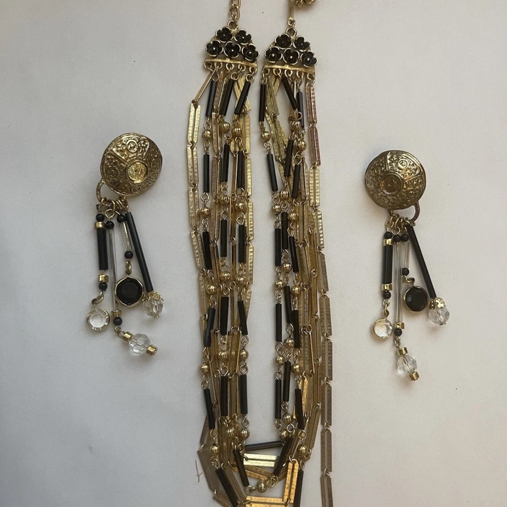 Artisan boho style multi strand Black and Gold beaded Necklace and Earrings Set